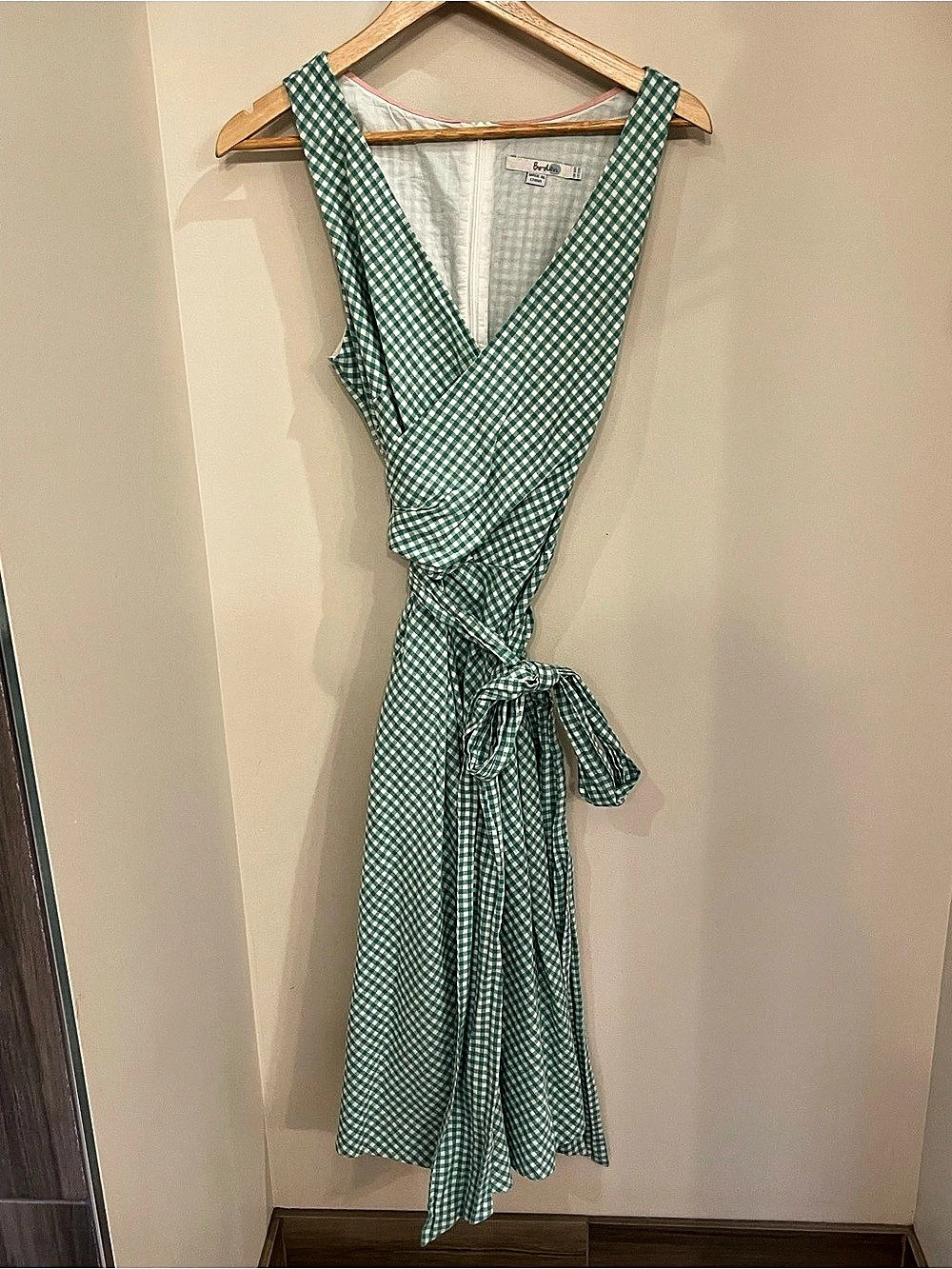 Boden Gingham Midi Dress in Green & White Size 12 US